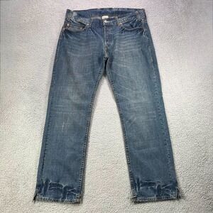True‎ Religion Logan Jeans Men 38 Blue Button Fly Distressed Split Hem Whiskers